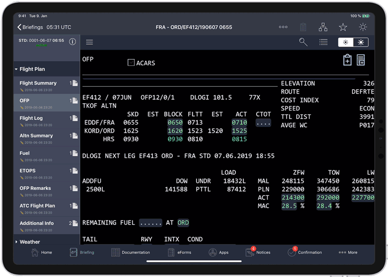 Electronic Flight Folder Module on an iPad