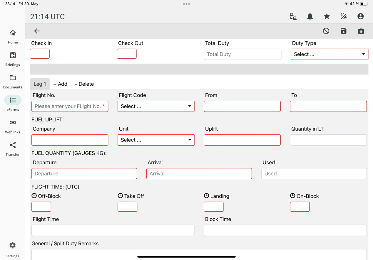 The visually new eForms FlightLog in light day mode.